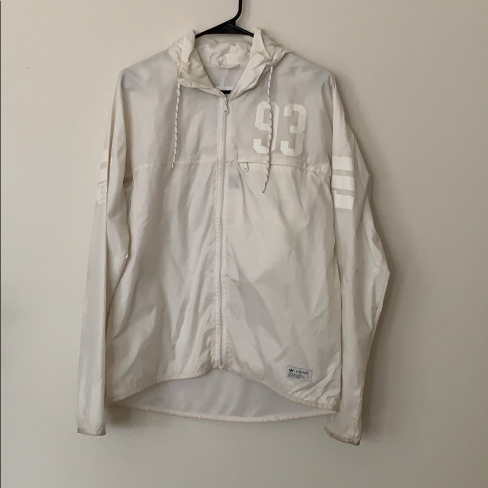 White original adidas zip-up rain coat